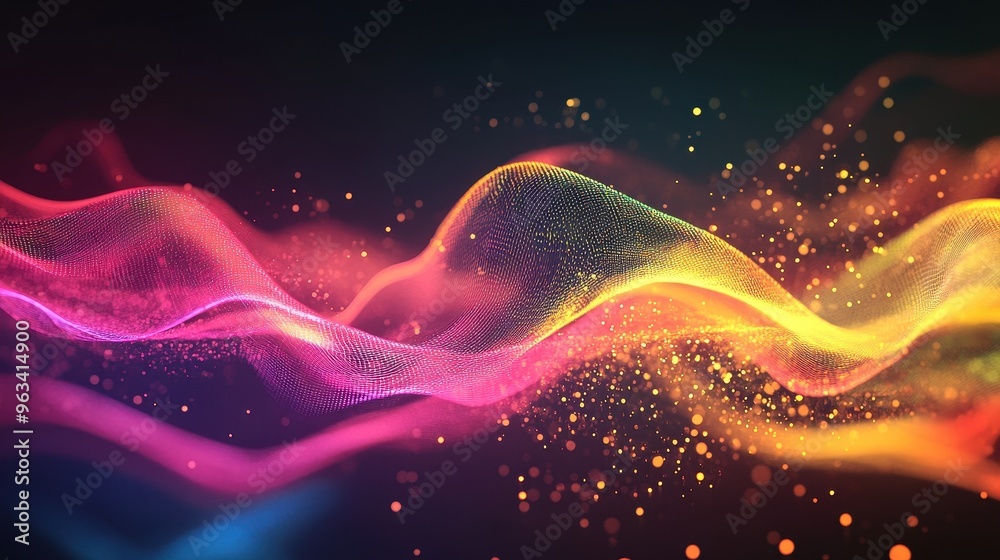 Poster global data connectivity - abstract background of colorful data waves representing internet network 