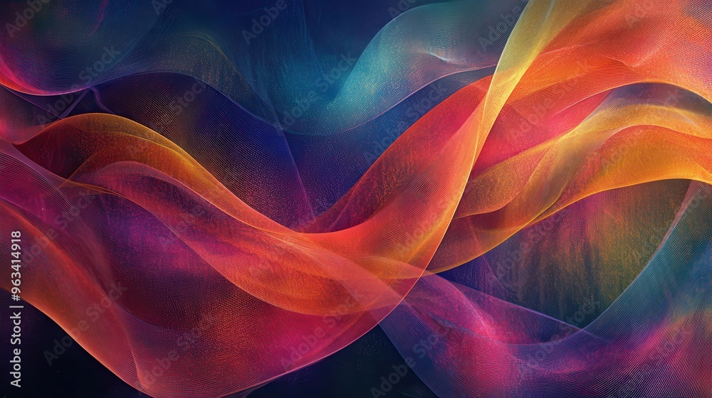 Poster technicolor data flow: abstract interconnected waves of color representing internet connectivity