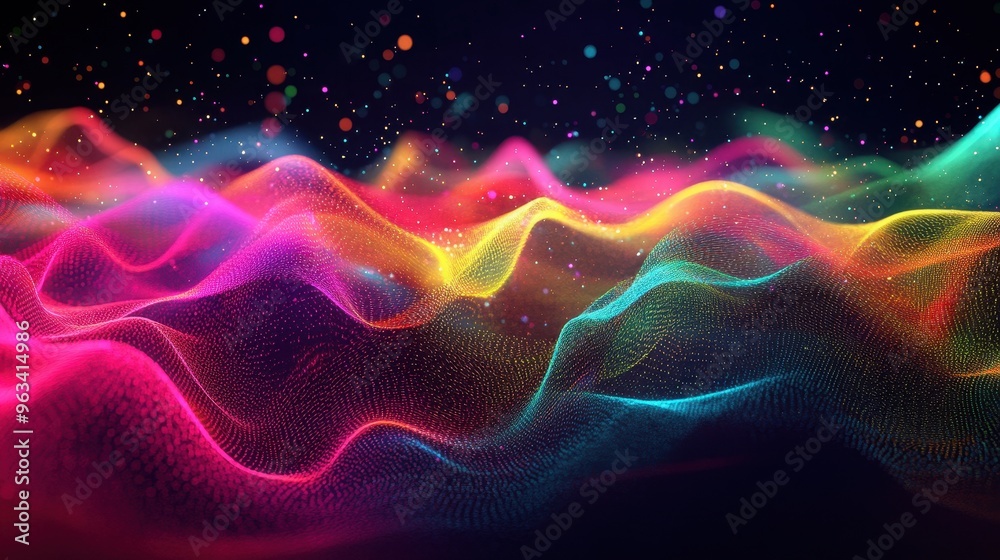 Poster futuristic data flow: abstract network of colorful waves illustrating internet communication speed a