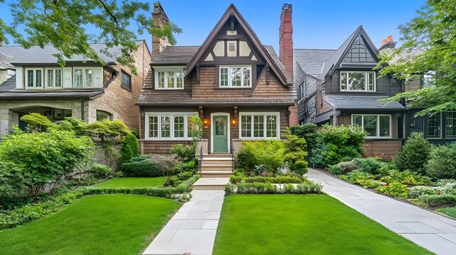 Charming suburban home with landscaped garden and pathway, showcasing modern architecture and inviting outdoor space.