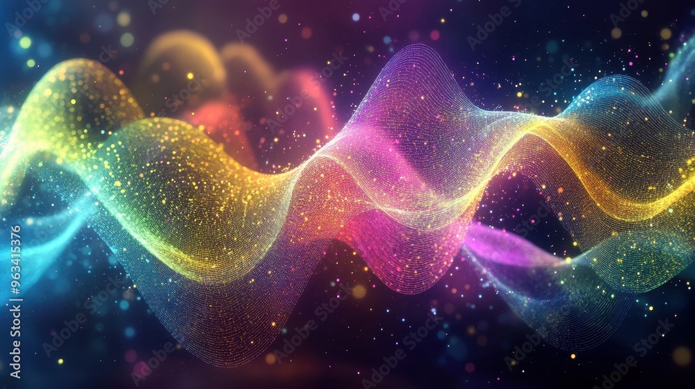 Poster data flow: abstract background of colorful waves and curves in interconnected network illustrating d