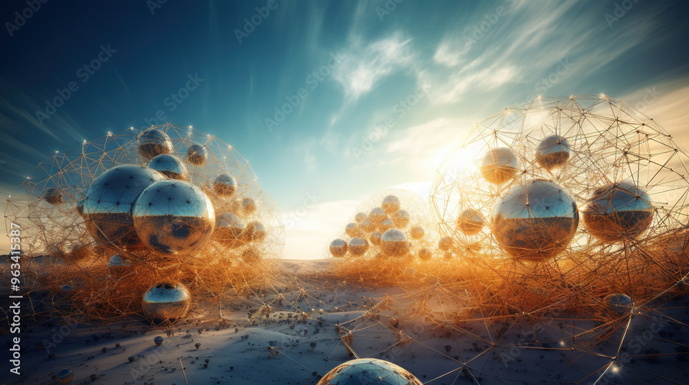 Poster Abstract scfi-fi landscape with connected 3D balls and molecular grid structure. Futuristic surreal abstraction.
