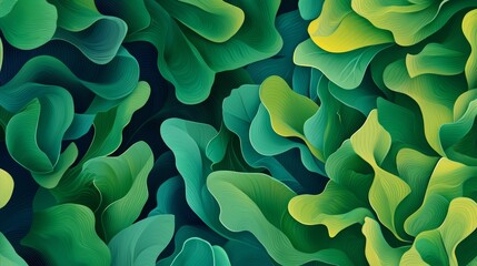 Fototapeta premium This abstract background features a seamless pattern of overlapping green shapes, creating a sense of depth and movement. The fluid lines and organic forms evoke a feeling of nature and tranquility