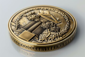 Golden commemorative coin showcasing intricate details of a classical architectural monument