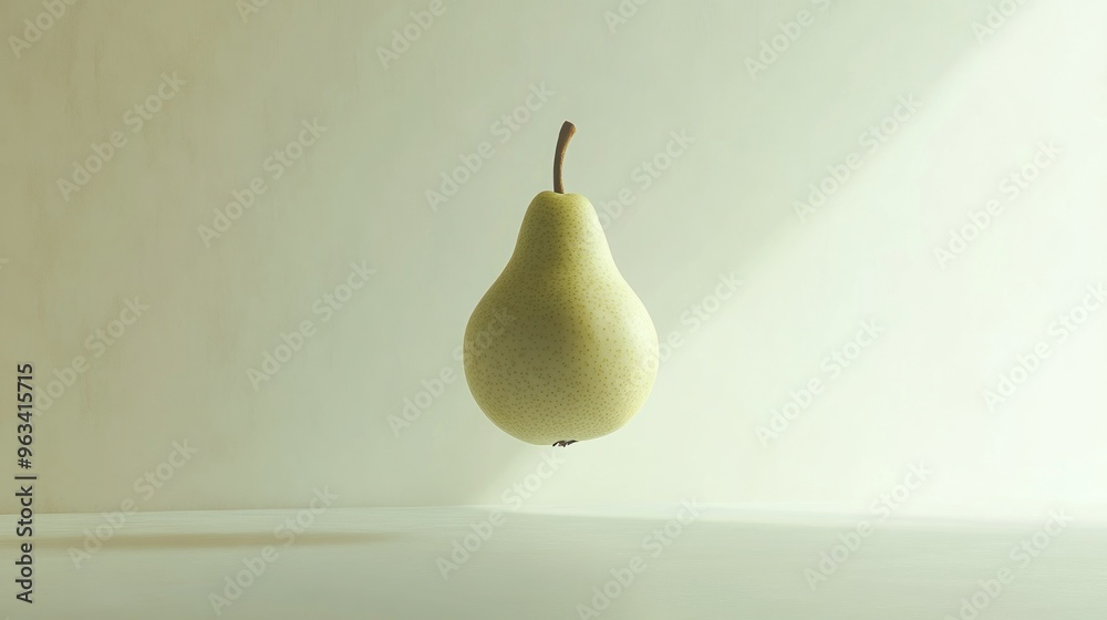 Poster a single green pear floating against a white background
