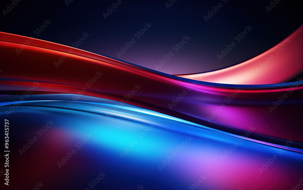 Poster vibrant abstract blue and red waveform with fluid motion and colorful gradients.
