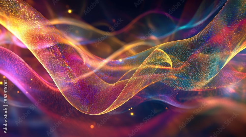 Poster ethereal data streams - abstract background of illuminated light curves representing network connect