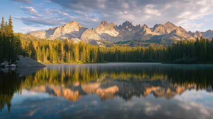Naklejka premium Morning light hitting the peaks of the Sawtooth Mountains, with a serene lake reflecting the scene