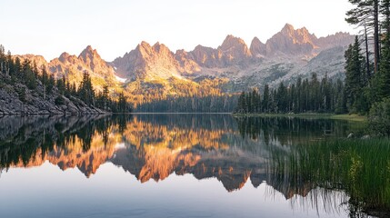 Obraz premium Morning light hitting the peaks of the Sawtooth Mountains, with a serene lake reflecting the scene