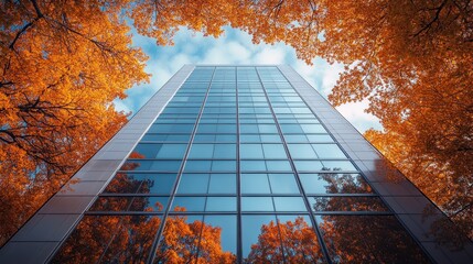 A modern glass building framed by vibrant autumn foliage.