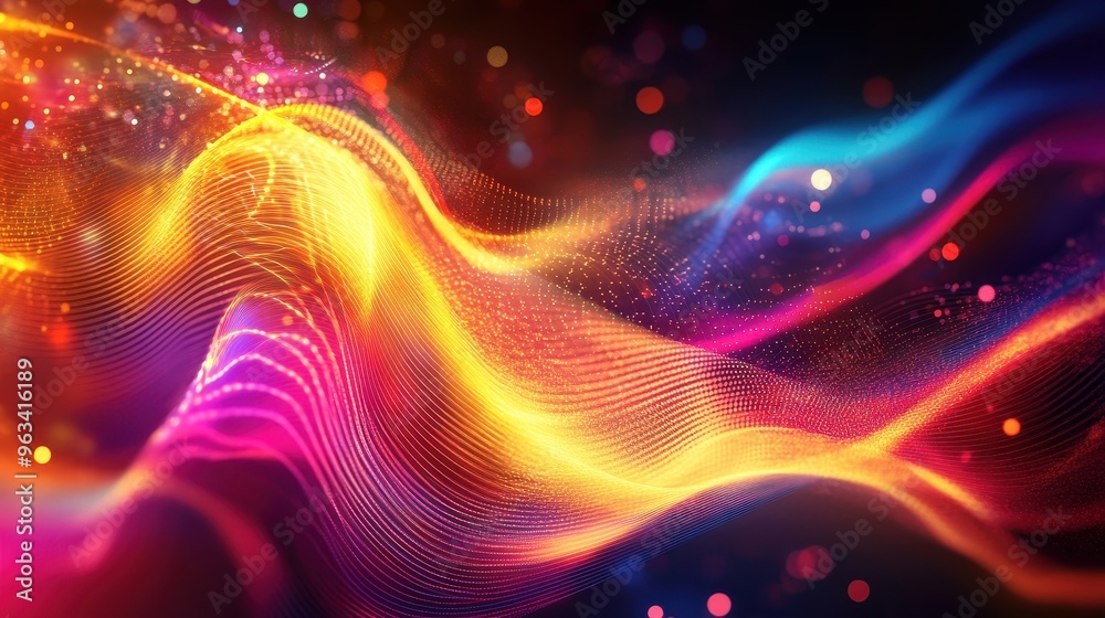 Poster digital network connections - abstract flowing curves of color representing internet data movement