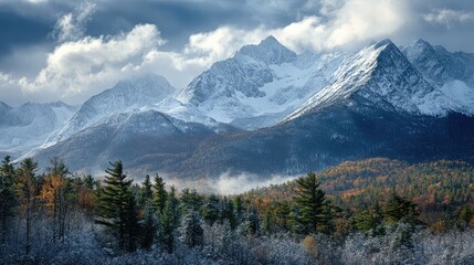 Obraz premium The rugged terrain of the White Mountains, with snow-dusted peaks and a dense forest below