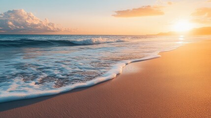 A long stretch of deserted beach with gentle waves and a warm sunset casting a golden glow over the sand and sea