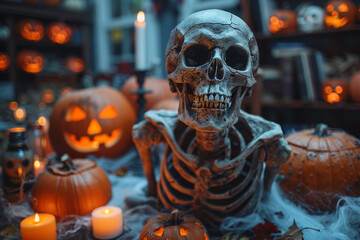 Halloween decorations with a skeleton centerpiece, surrounded by carved pumpkins, candles, and spider webs, creating a spooky atmosphere, ideal for school events and educational institutions