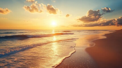 Naklejka premium A long stretch of deserted beach with gentle waves and a warm sunset casting a golden glow over the sand and sea