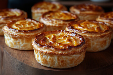 Delightful mini Melton Mowbray pork pies on a rustic wooden board, perfect for festive gatherings or casual snacking moments