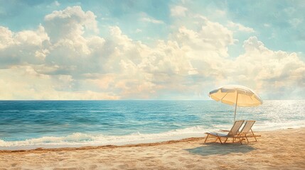 Quiet beach with a single umbrella and lounge chair, overlooking the calm, shimmering sea on a warm, sunny day
