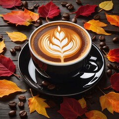 Latte Art Surrounded by Vibrant Fall Leaves and Scattered Coffee Beans on a Dark Background – The Perfect Seasonal Blend for Warm, Inviting Autumn Vibes