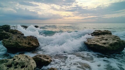 Fototapeta premium Rocky coastline with waves crashing against the rocks, clear water, and a distant horizon, showcasing the power and beauty of nature
