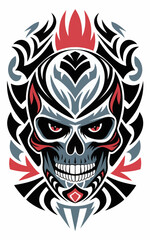 A vector illustration of a tattoo design stencil with a black, grey, and red skull. The skull has a tribal pattern and is surrounded by abstract shapes
