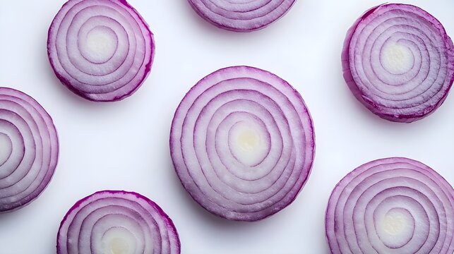 Close-up of vibrant purple onion slices arranged neatly on a white surface, showcasing their intricate layers and textures.