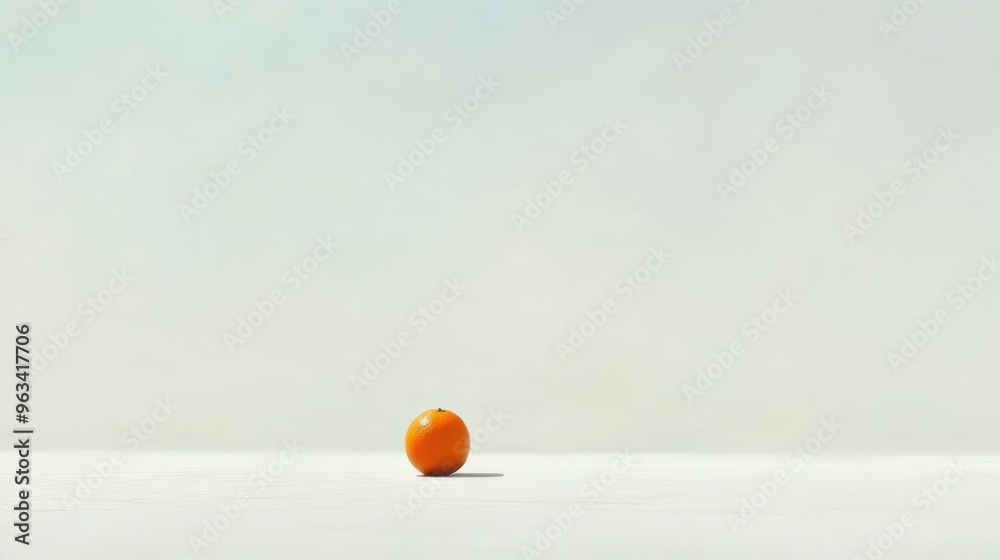 Poster a single orange on a white surface with a blurred background