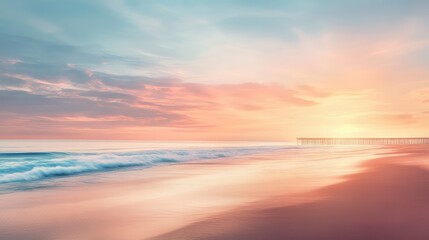 Fototapeta premium Wide, sandy beach with a distant pier extending into the calm sea, under a soft, glowing sunrise