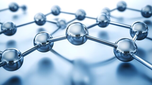 Close-up view of interconnected silver spheres, symbolizing molecular structure and scientific innovation in a sleek blue background.