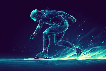 Dynamic neon figure gliding on ice, capturing the thrill of winter sports in a vibrant green glow during a high-speed race