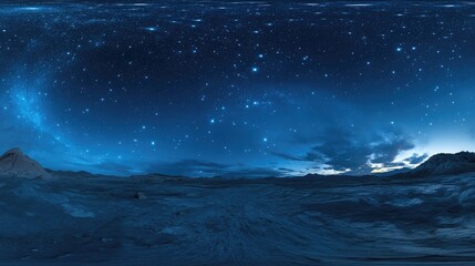 Fototapeta premium 360-degree HDRI map of a starry night, with a blue sky and stars gathered in the upper left, conveying elegance and calm through soft lighting