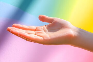 Naklejka premium Close-up of an outstretched hand, with colorful background. 