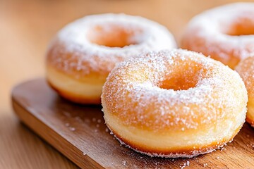 Close-up photo of doughnuts dusted with sugar, on a wooden board, with warm lighting