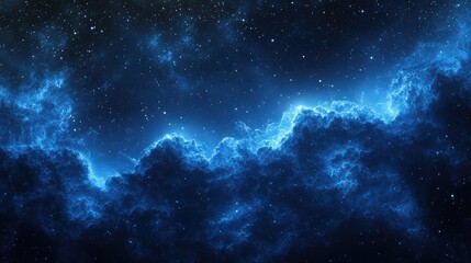 Obraz premium Panorama of a starry night sky, featuring a detailed blue tone and stars in the upper left, soft light enhancing the sense of tranquility