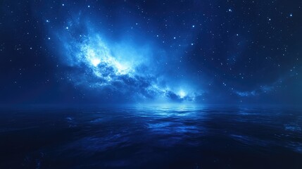 Fototapeta premium Panorama of a starry night sky, featuring a detailed blue tone and stars in the upper left, soft light enhancing the sense of tranquility