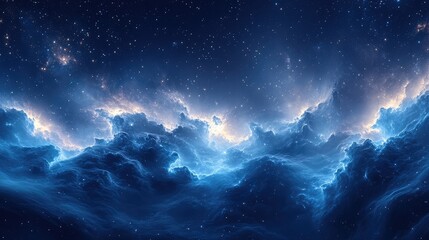 Obraz premium HDR panorama of a starry night sky with soft blue tones, stars in the upper left, and gentle lighting creating an elegant and detailed scene