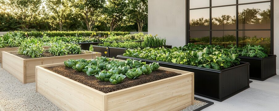 A community garden filled with organic raised beds