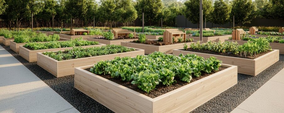 A community garden filled with organic raised beds