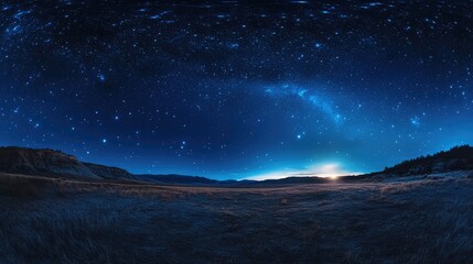 Fototapeta premium Panorama of a starry night sky with scattered stars in the upper left, equidistant projection, blue tones creating a serene, tranquil atmosphere