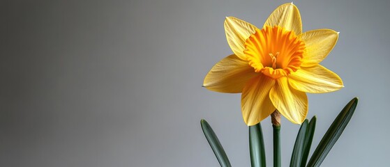 Fototapeta premium A Single Yellow Daffodil with Green Leaves Against a Grey Background