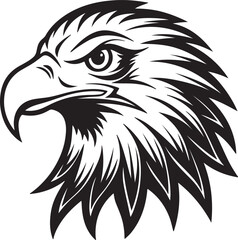 Black and white illustration of an eagle's head, showcasing intricate details and a striking profile