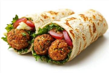 Delicious vegetarian tortilla wrap filled with savory chickpea shawarma, vibrant vegetables, and fresh herbs for a tasty meal
