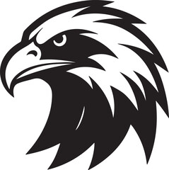 Black and white illustration of an eagle's head, showcasing intricate details and a striking profile