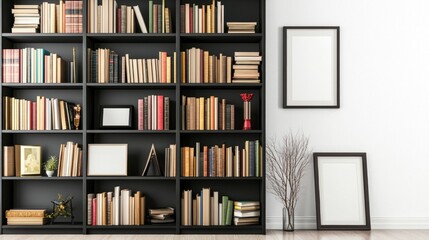 Front view of bookshelf made with natural wood material to furnishing home office. Cabinet with books, magazines, journals and home decor in modern apartment