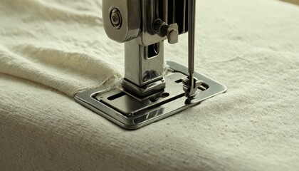 A detailed close-up of a sewing machine needle in action, piercing through fabric. The image captures the precision and craftsmanship of sewing, highlighting the importance of traditional tailoring