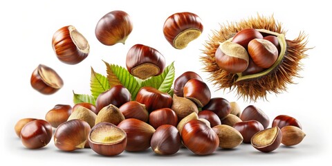 Chestnut Burst - Fresh Chestnuts in Burrs and Leaves, Isolated on White, autumn, nature, food