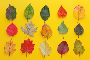 Obraz premium A collection of colorful autumn leaves, each uniquely shaped and colored, artfully arranged on a yellow backdrop to highlight their fall hues.
