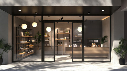 Modern minimalist coffee shop exterior with glass doors, wooden decor, and natural lighting. Urban vibes with contemporary design.