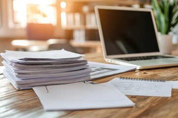 A closeup of a stack of papers and a laptop on a wooden desk, depicting a busy office environment.