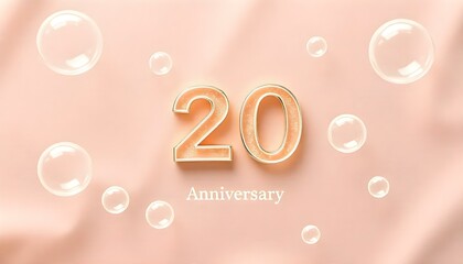 20th Anniversary letter manipulation with transparent soap bubbles floating on a soft  background