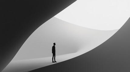 Minimalist black and white image of a solitary figure standing in a vast, abstract architectural space with flowing shapes and dramatic lighting.